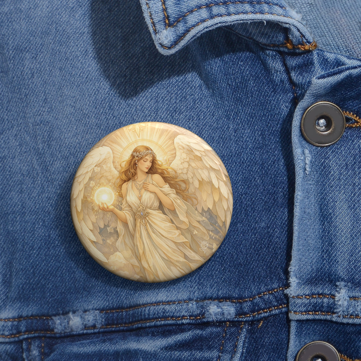 Birthday Angel Sitael Illustration Pin Button — Vintage Guardian Angel Badge