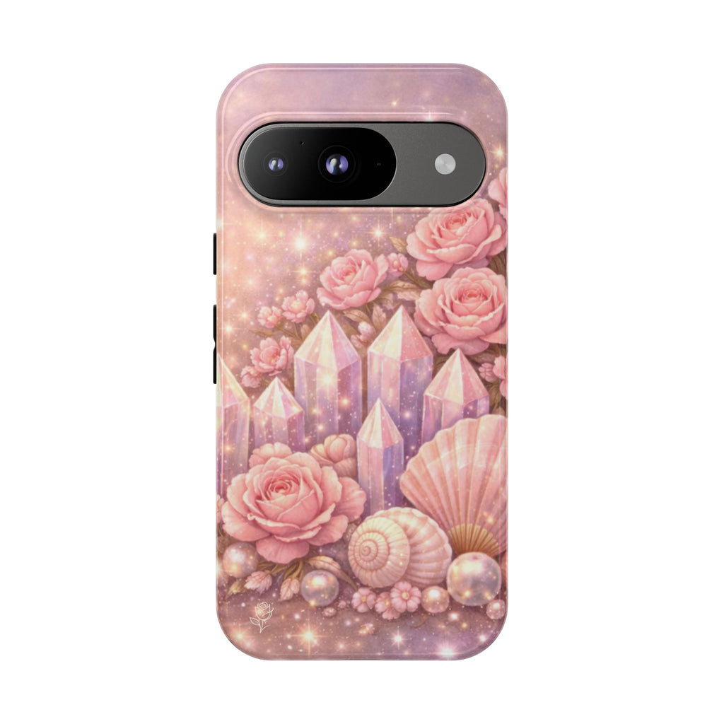 Google Pixel Phone Case — Lemurian Rose Crystal Garden Protective Tough Case — Pink Roses, Shells & Sparkling Gems Phone Case
