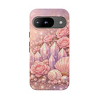 Google Pixel Phone Case — Lemurian Rose Crystal Garden Protective Tough Case — Pink Roses, Shells & Sparkling Gems Phone Case