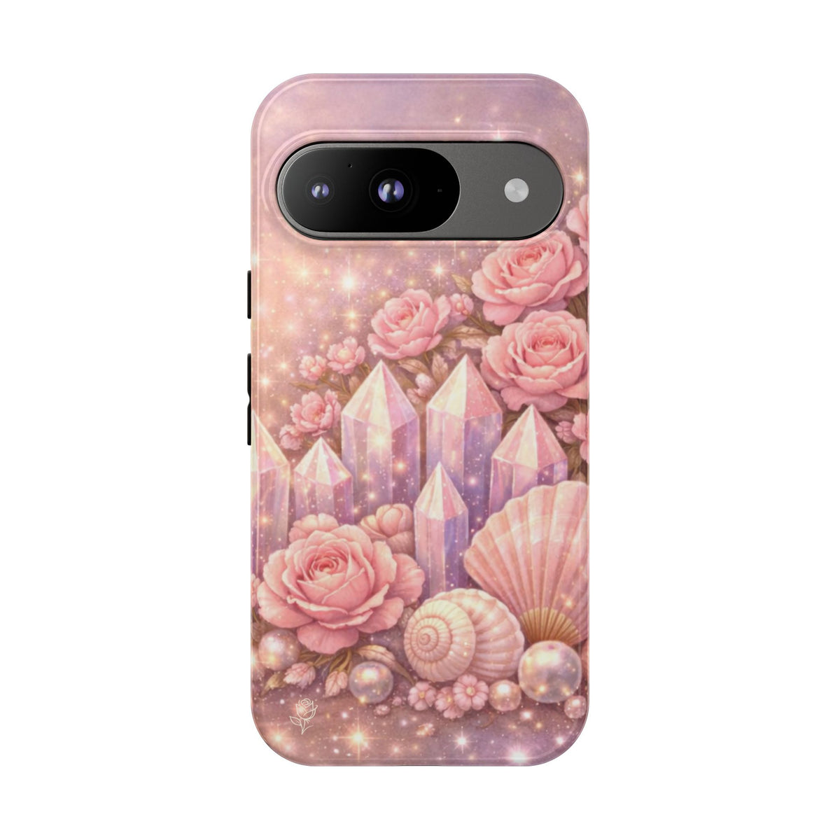 Google Pixel Phone Case — Lemurian Rose Crystal Garden Protective Tough Case — Pink Roses, Shells & Sparkling Gems Phone Case