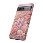 Google Pixel Phone Case — Lemurian Rose Crystal Garden Protective Tough Case — Pink Roses, Shells & Sparkling Gems Phone Case