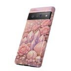 Google Pixel Phone Case — Lemurian Rose Crystal Garden Protective Tough Case — Pink Roses, Shells & Sparkling Gems Phone Case
