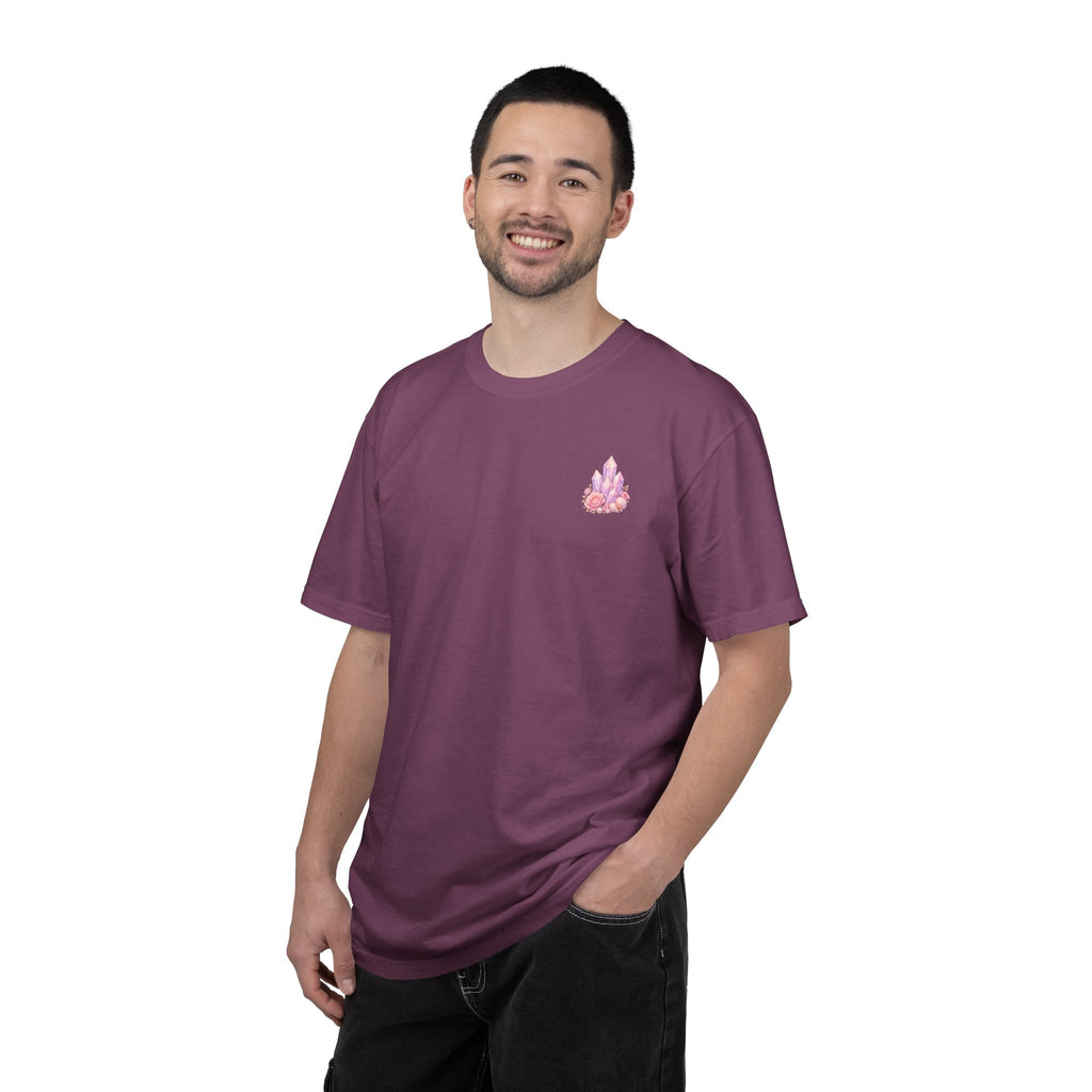 Lemurian Pearl Crystal Cluster T‑Shirt — Pink Lavender Gemstone Floral Graphic Tee