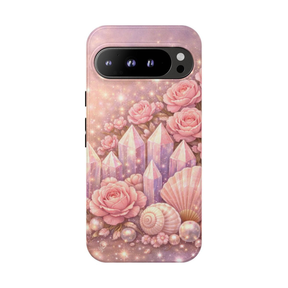 Google Pixel Phone Case — Lemurian Rose Crystal Garden Protective Tough Case — Pink Roses, Shells & Sparkling Gems Phone Case