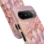 Google Pixel Phone Case — Lemurian Rose Crystal Garden Protective Tough Case — Pink Roses, Shells & Sparkling Gems Phone Case