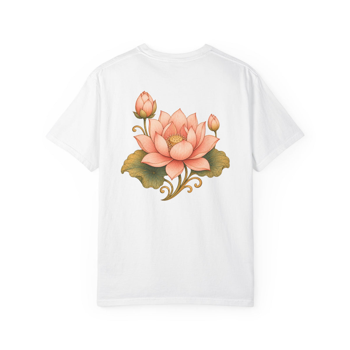 Bodhisattva Kwan Yin's Lotus Floral T-Shirt — Vintage Peach Botanical Lotus Chest + Back Graphic