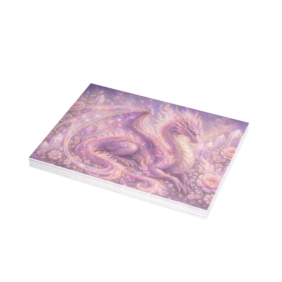 Lilac Fire Dragon Greeting Card — Pastel Floral Dragon Art Folded Note Cards (1/10/30/50-pack)
