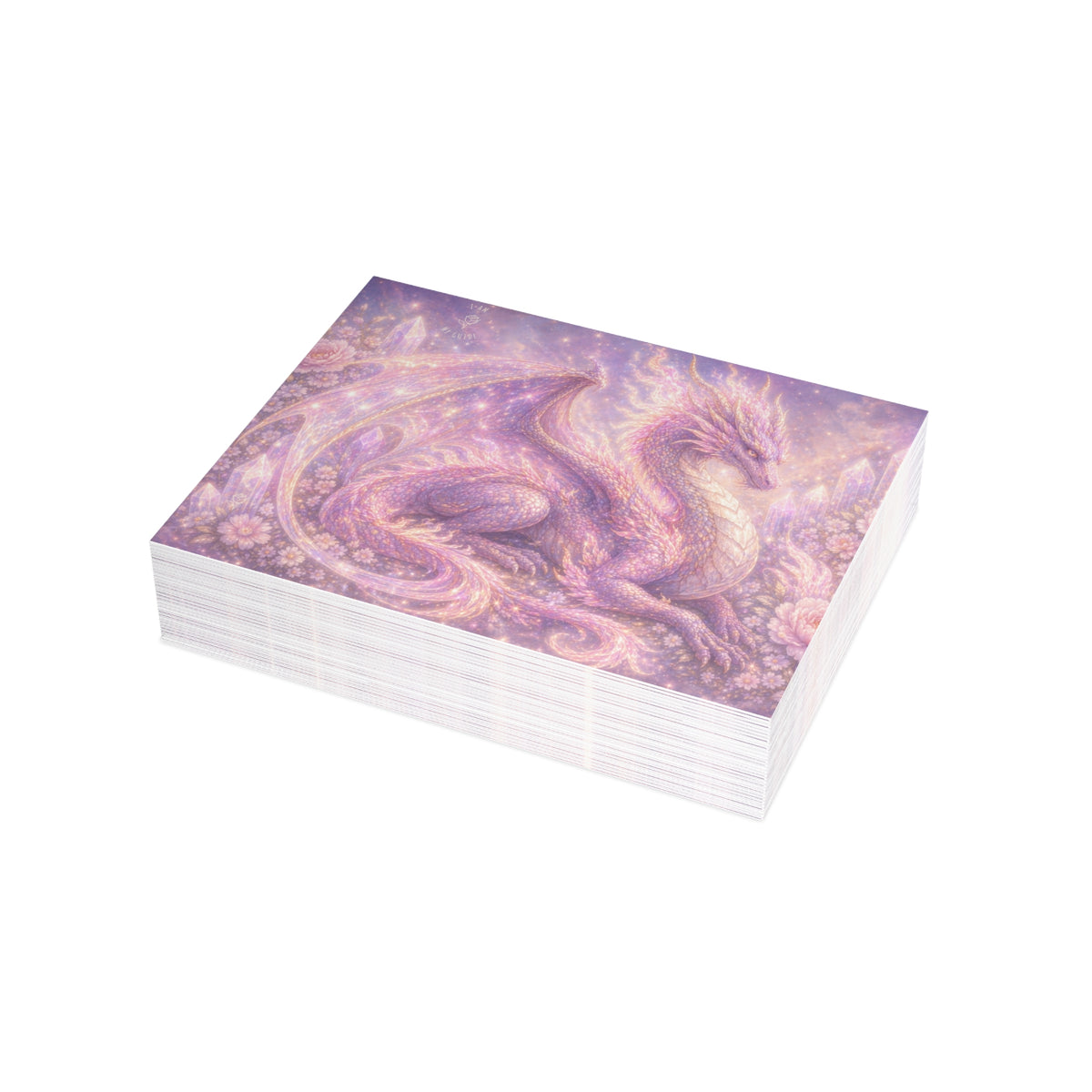 Lilac Fire Dragon Greeting Card — Pastel Floral Dragon Art Folded Note Cards (1/10/30/50-pack)