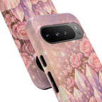 Google Pixel Phone Case — Lemurian Rose Crystal Garden Protective Tough Case — Pink Roses, Shells & Sparkling Gems Phone Case