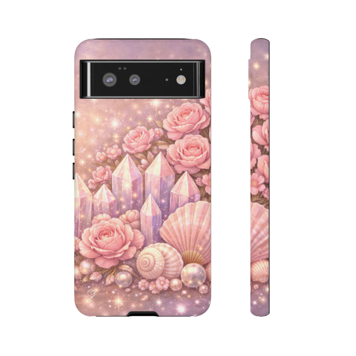 Google Pixel Phone Case — Lemurian Rose Crystal Garden Protective Tough Case — Pink Roses, Shells & Sparkling Gems Phone Case