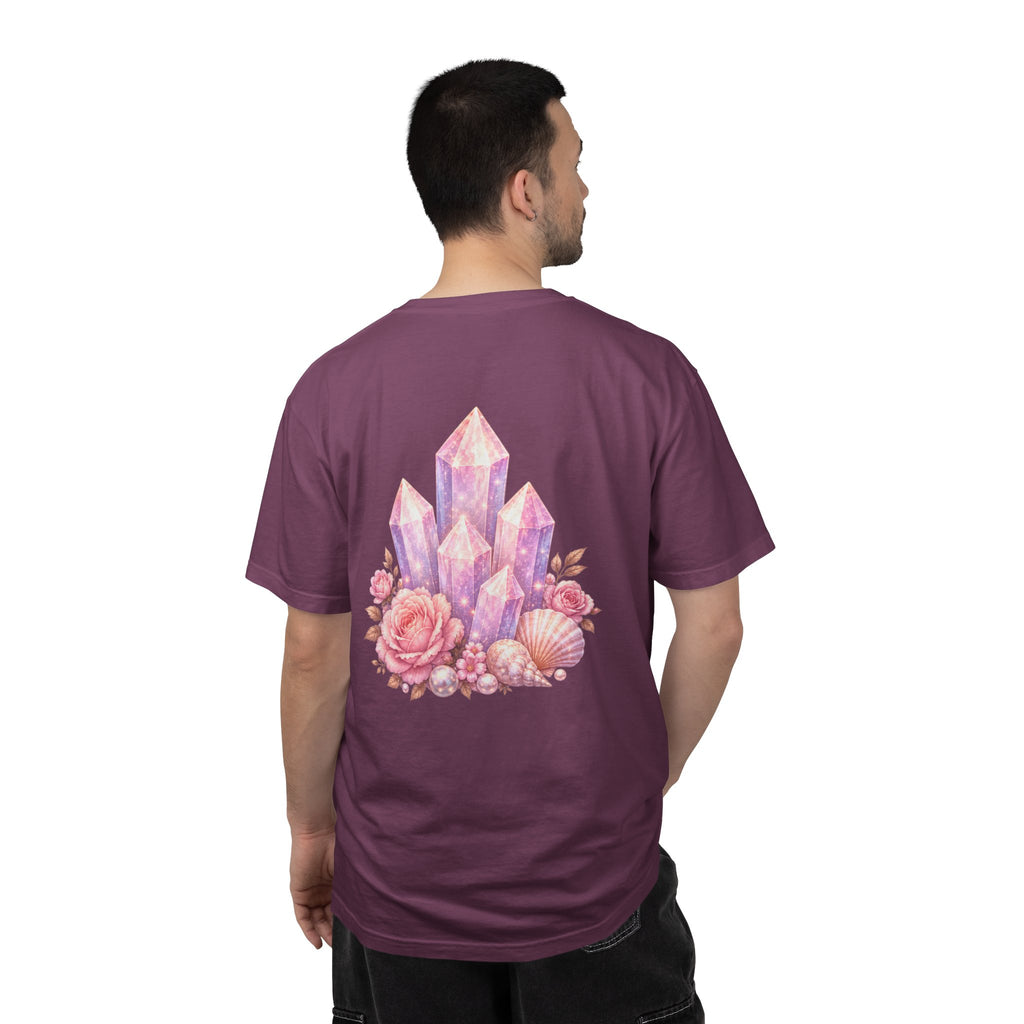 Lemurian Pearl Crystal Cluster T‑Shirt — Pink Lavender Gemstone Floral Graphic Tee