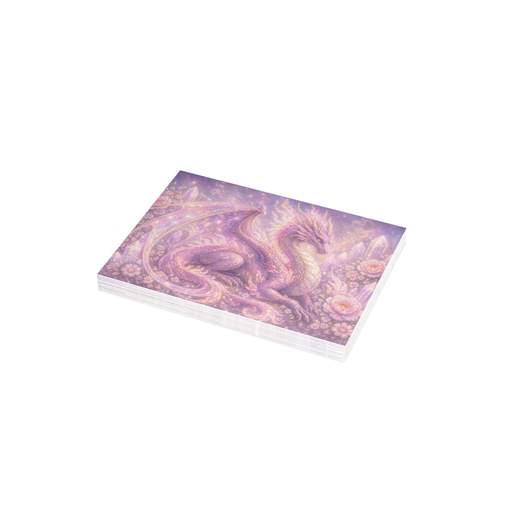 Lilac Fire Dragon Greeting Card — Pastel Floral Dragon Art Folded Note Cards (1/10/30/50-pack)