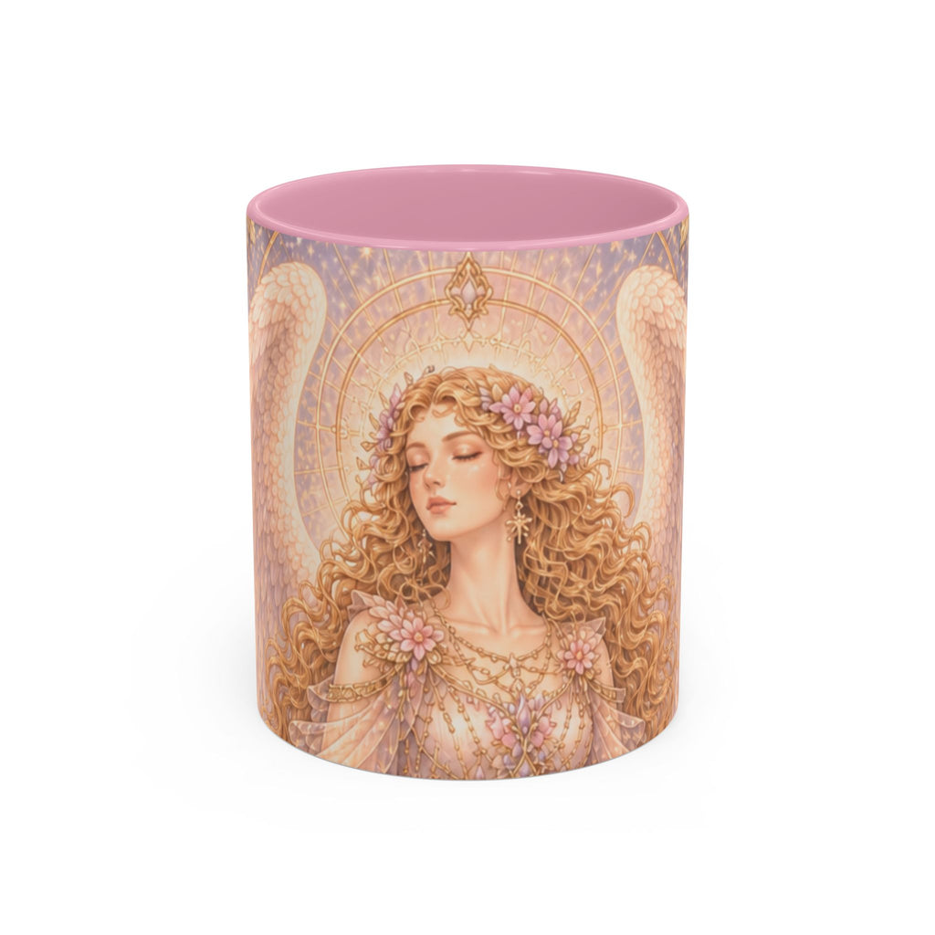 Archangel Glory (Shekinah) Art Ceramic Mug — Feminine Presence of Metatron – Pink Interior & Handle, Floral Archangel Illustration (11oz & 15oz)