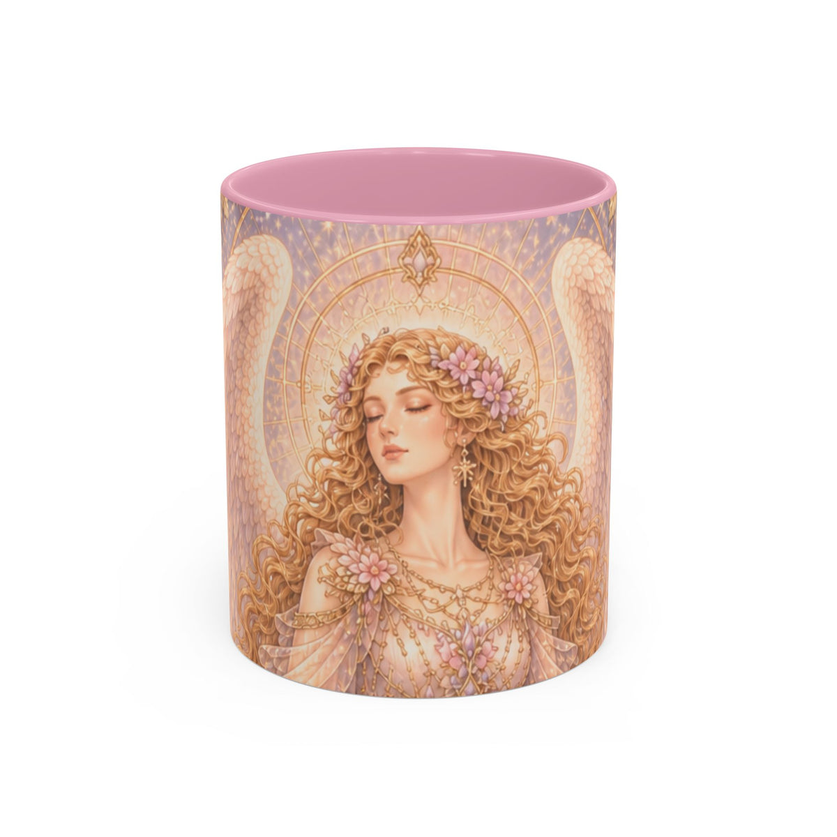 Archangel Glory (Shekinah) Art Ceramic Mug — Feminine Presence of Metatron – Pink Interior & Handle, Floral Archangel Illustration (11oz & 15oz)