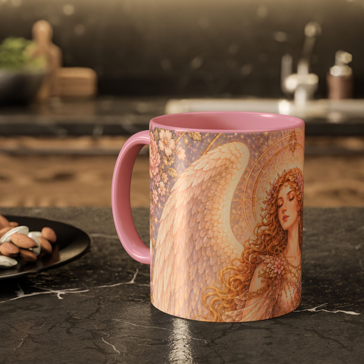 Archangel Glory (Shekinah) Art Ceramic Mug — Feminine Presence of Metatron – Pink Interior & Handle, Floral Archangel Illustration (11oz & 15oz)