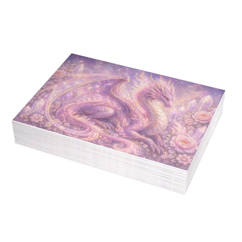 Lilac Fire Dragon Greeting Card — Pastel Floral Dragon Art Folded Note Cards (1/10/30/50-pack)