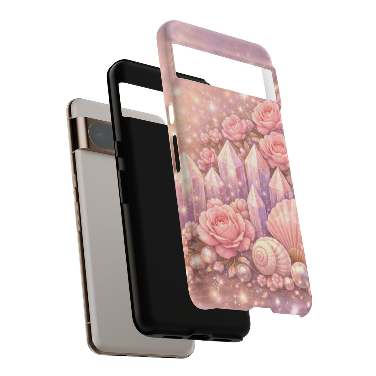Google Pixel Phone Case — Lemurian Rose Crystal Garden Protective Tough Case — Pink Roses, Shells & Sparkling Gems Phone Case