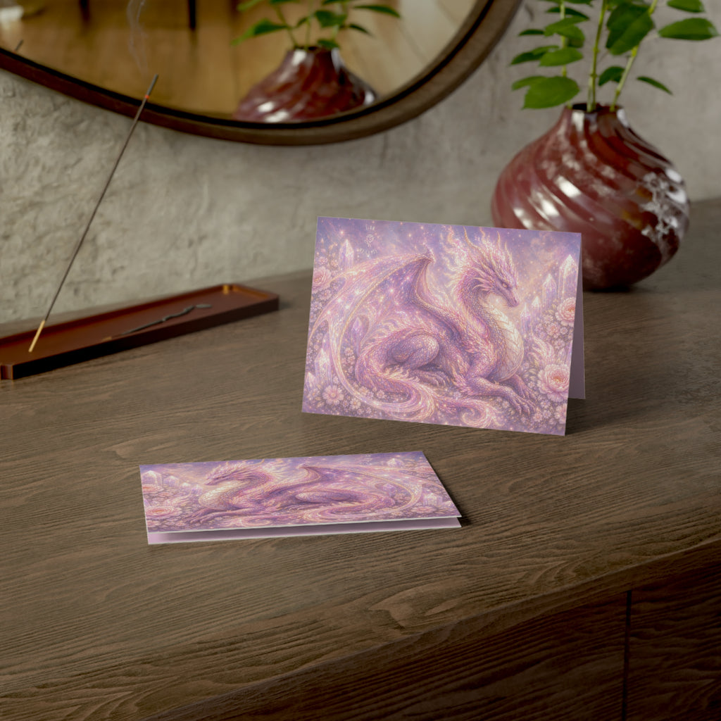 Lilac Fire Dragon Greeting Card — Pastel Floral Dragon Art Folded Note Cards (1/10/30/50-pack)