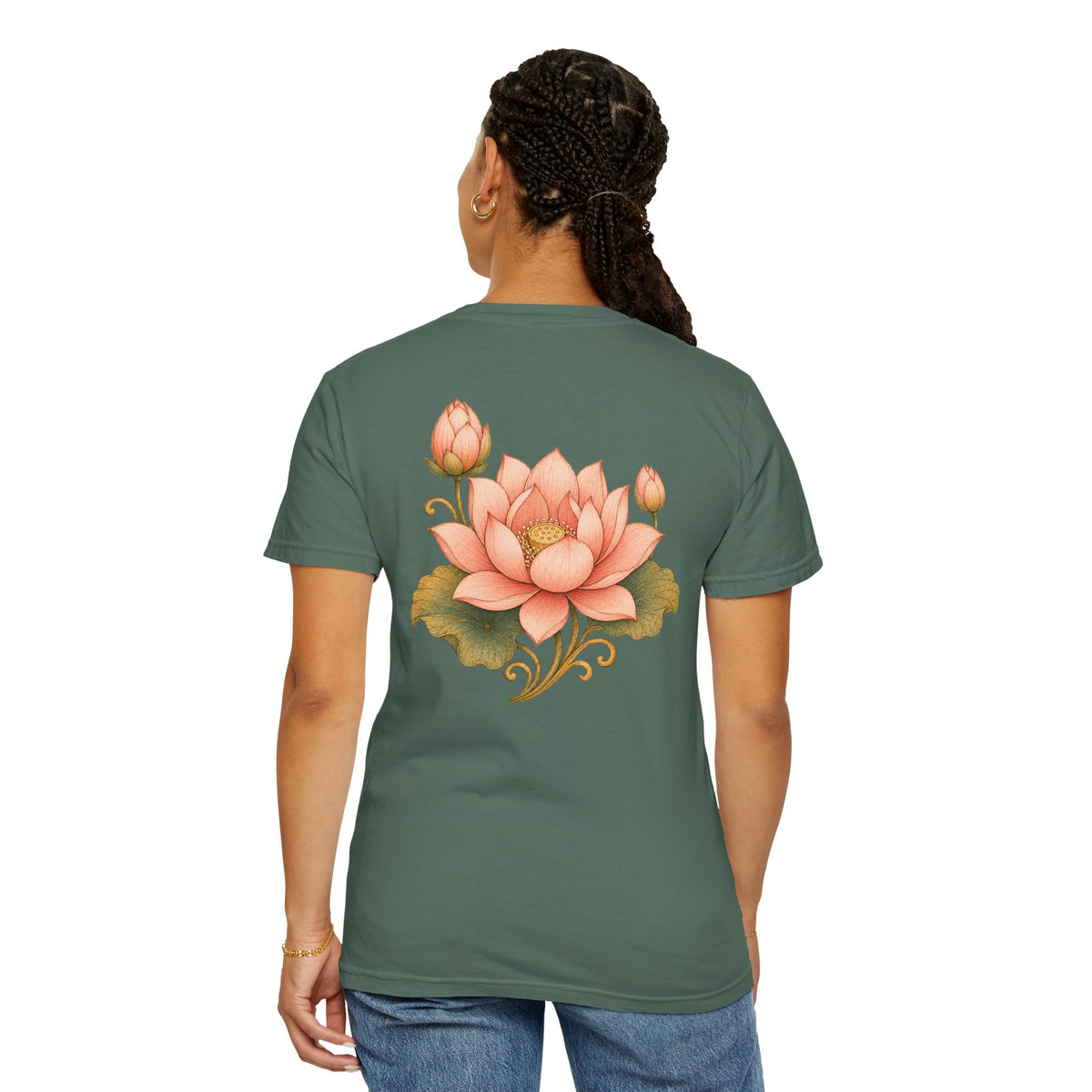 Bodhisattva Kwan Yin's Lotus Floral T-Shirt — Vintage Peach Botanical Lotus Chest + Back Graphic