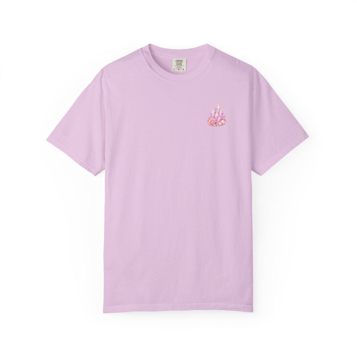 Lemurian Pearl Crystal Cluster T‑Shirt — Pink Lavender Gemstone Floral Graphic Tee