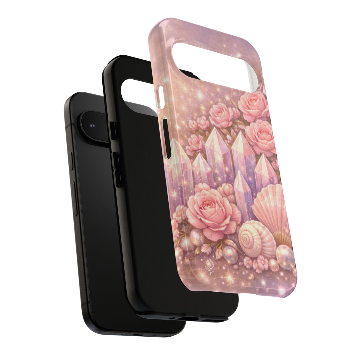 Google Pixel Phone Case — Lemurian Rose Crystal Garden Protective Tough Case — Pink Roses, Shells & Sparkling Gems Phone Case
