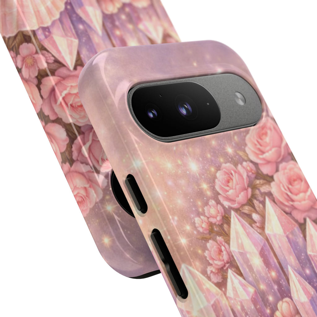 Google Pixel Phone Case — Lemurian Rose Crystal Garden Protective Tough Case — Pink Roses, Shells & Sparkling Gems Phone Case