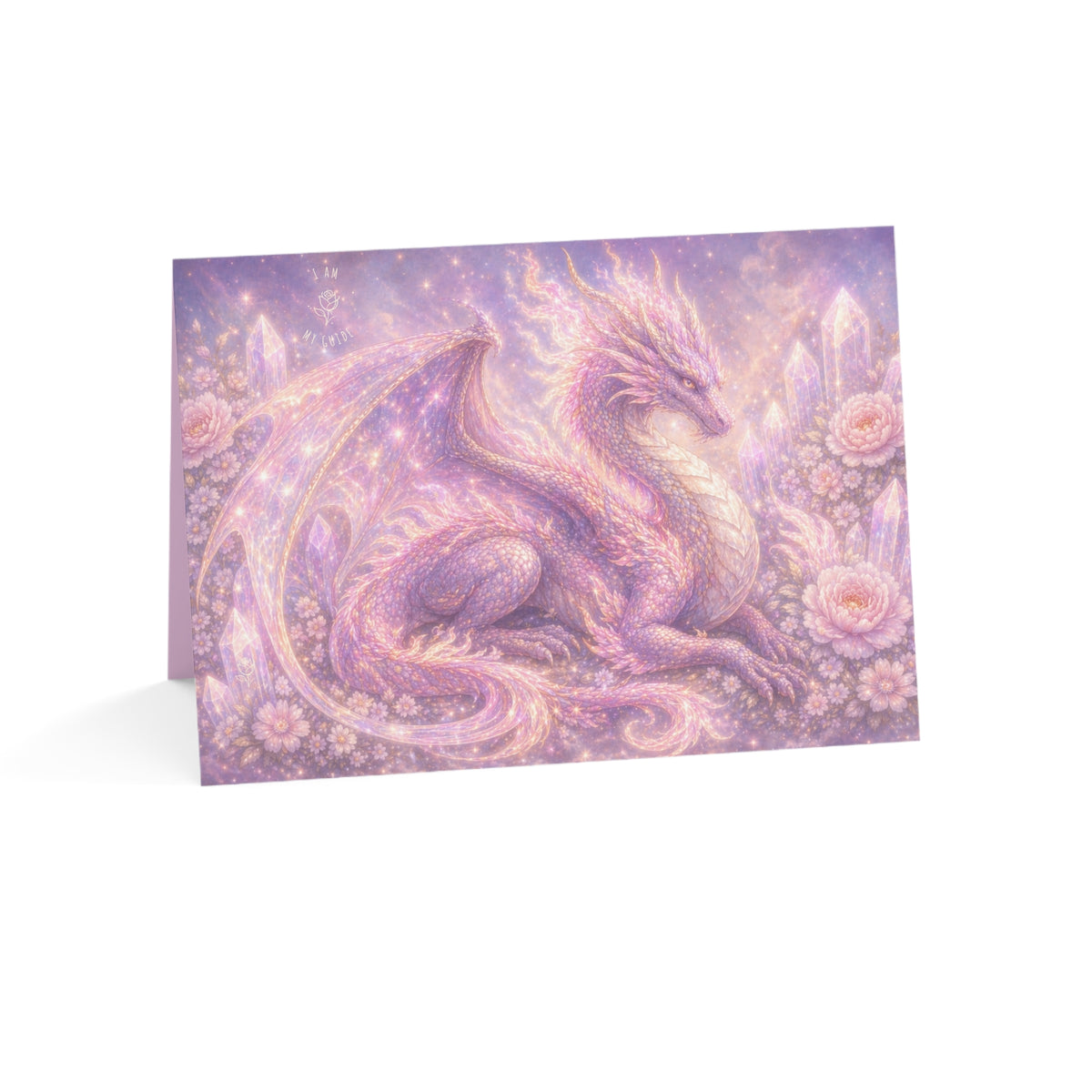Lilac Fire Dragon Greeting Card — Pastel Floral Dragon Art Folded Note Cards (1/10/30/50-pack)