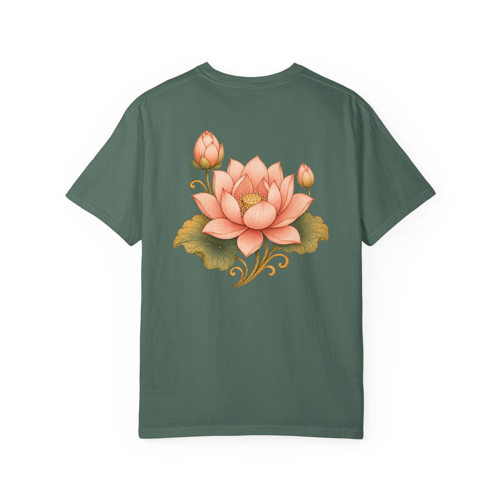 Bodhisattva Kwan Yin's Lotus Floral T-Shirt — Vintage Peach Botanical Lotus Chest + Back Graphic