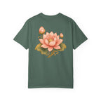 Bodhisattva Kwan Yin's Lotus Floral T-Shirt — Vintage Peach Botanical Lotus Chest + Back Graphic
