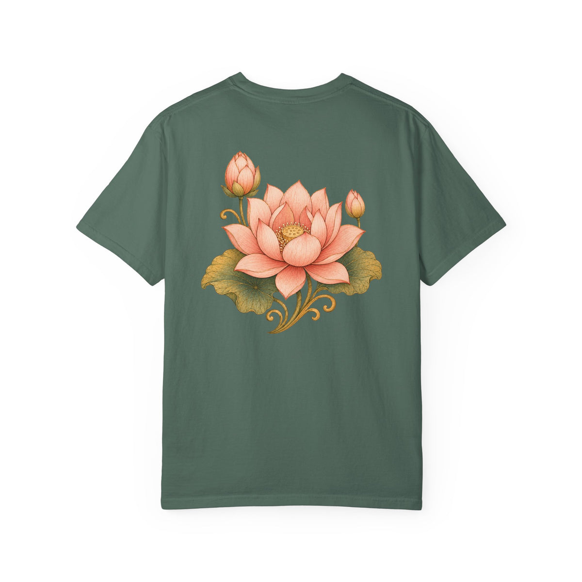 Bodhisattva Kwan Yin's Lotus Floral T-Shirt — Vintage Peach Botanical Lotus Chest + Back Graphic