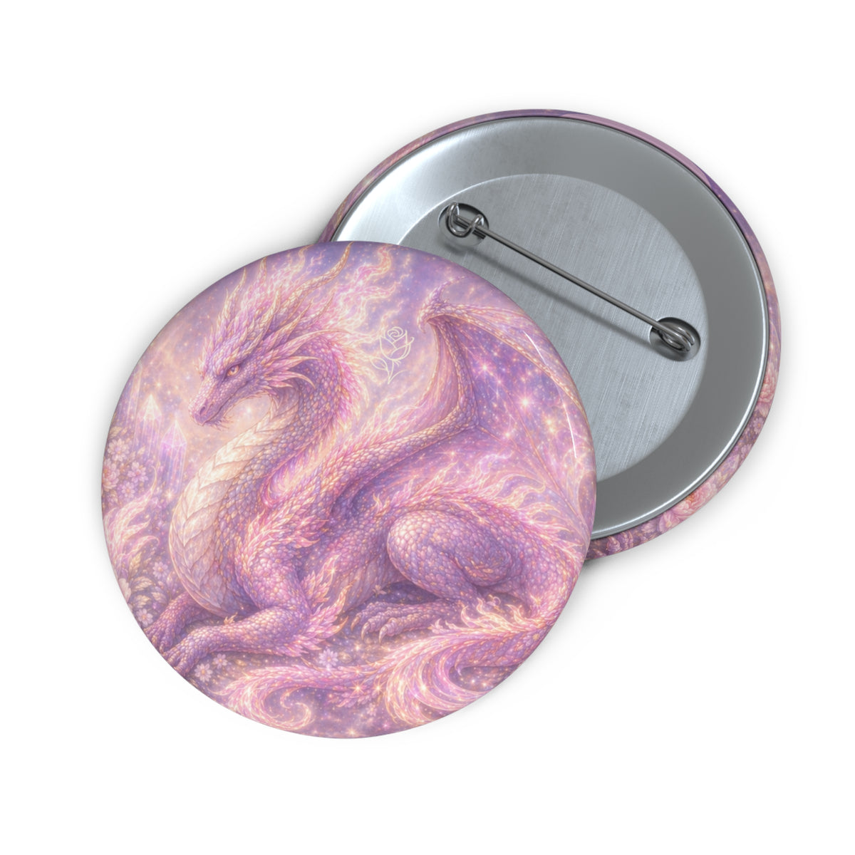 Lilac Fire Dragon Button Pin — Pastel Mystical Pinback for Jackets & Bags