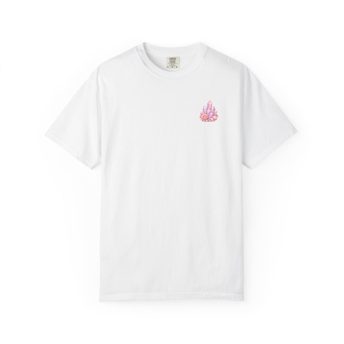 Lemurian Pearl Crystal Cluster T‑Shirt — Pink Lavender Gemstone Floral Graphic Tee
