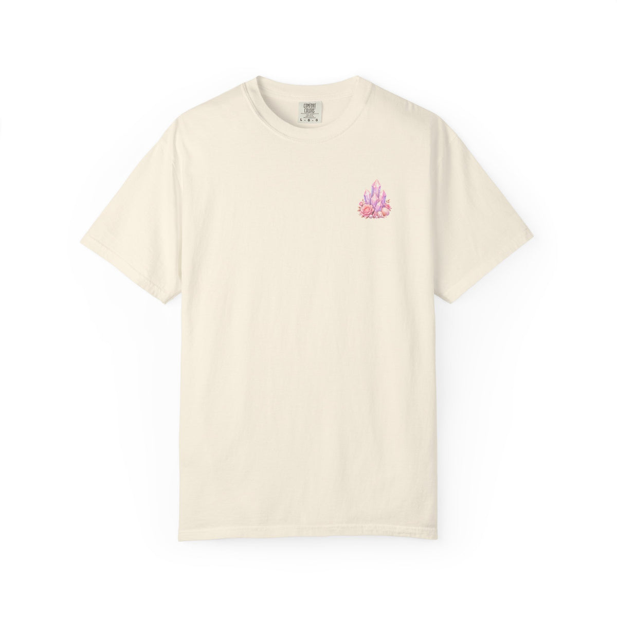 Lemurian Pearl Crystal Cluster T‑Shirt — Pink Lavender Gemstone Floral Graphic Tee