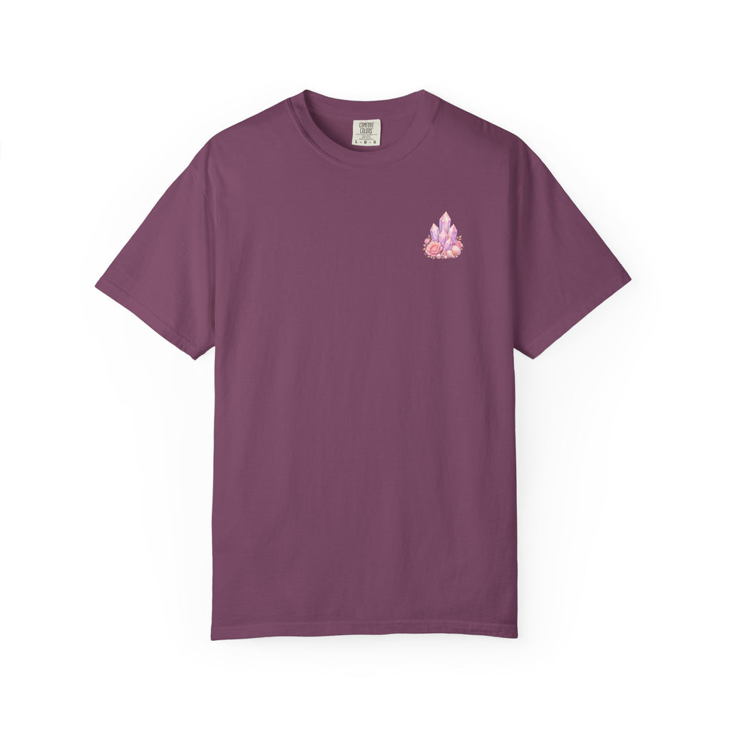 Lemurian Pearl Crystal Cluster T‑Shirt — Pink Lavender Gemstone Floral Graphic Tee