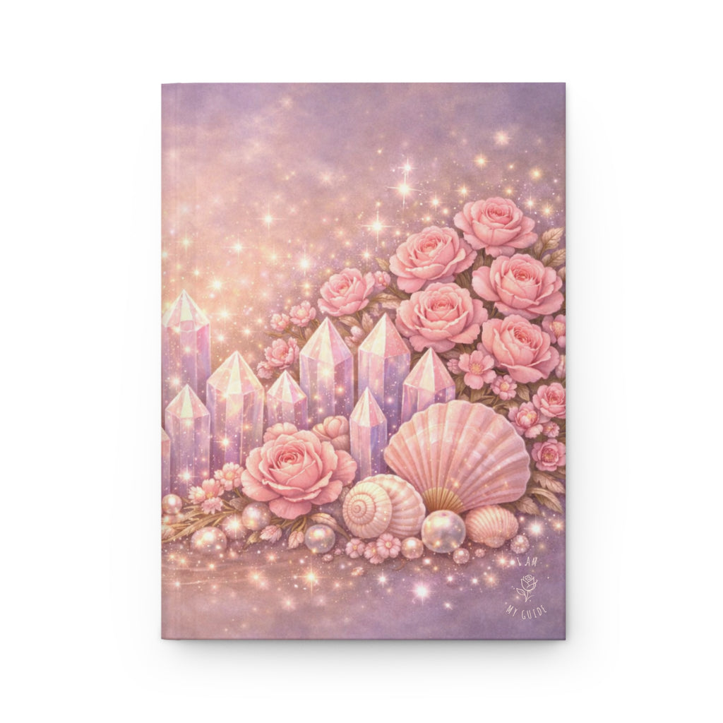 Lemurian Rose Crystal Garden Journal (Lined Pages) — Pink Rose & Gemstone Seashell Hardcover Notebook