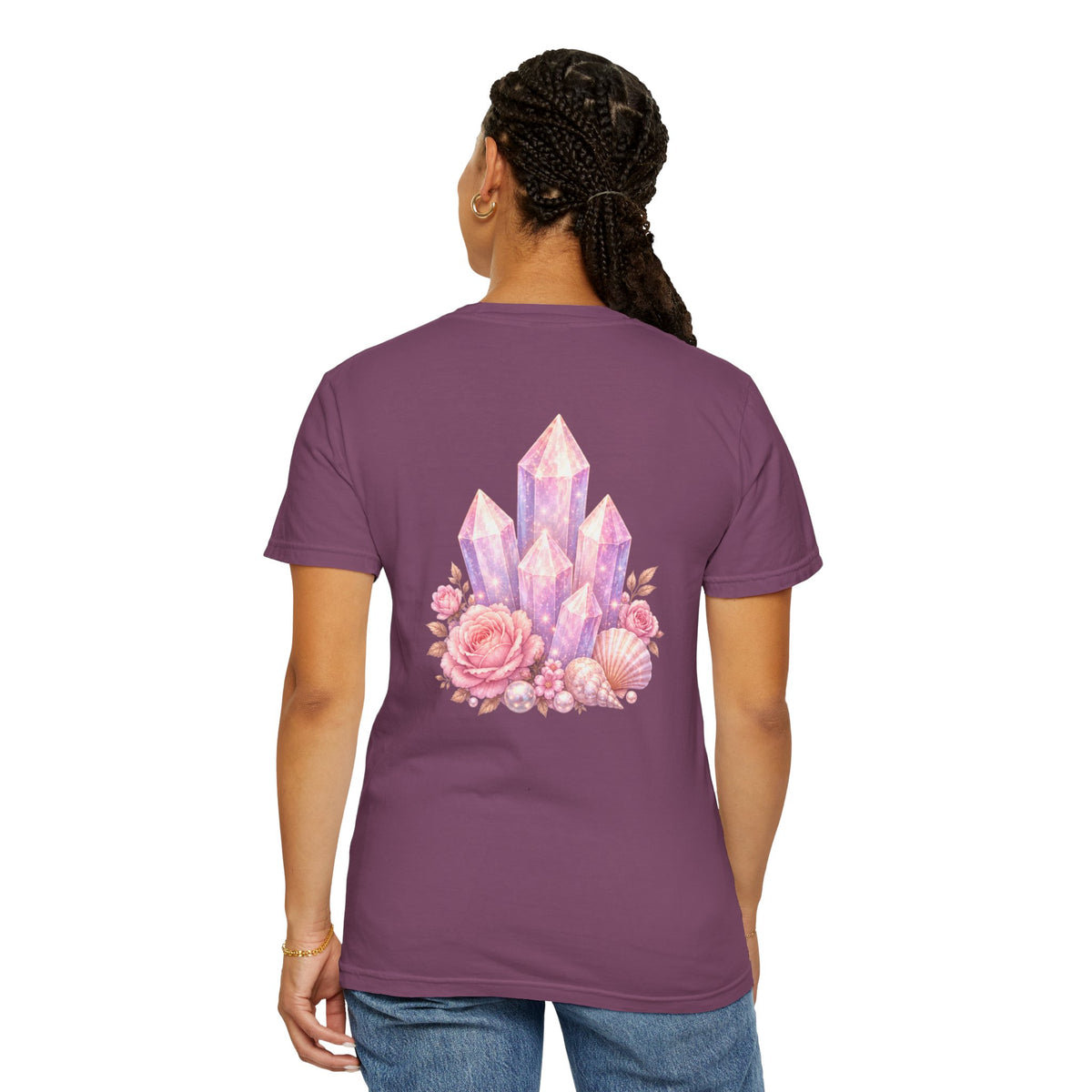 Lemurian Pearl Crystal Cluster T‑Shirt — Pink Lavender Gemstone Floral Graphic Tee