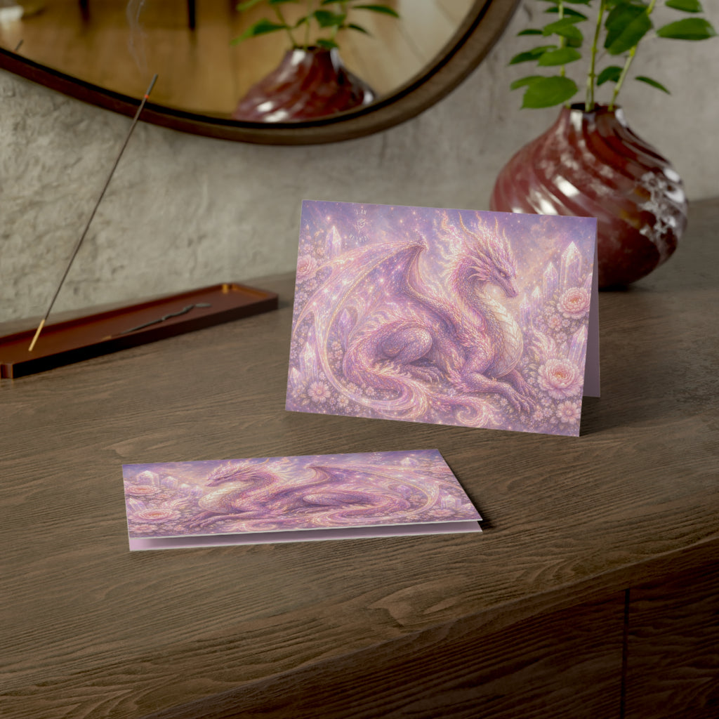 Lilac Fire Dragon Greeting Card — Pastel Floral Dragon Art Folded Note Cards (1/10/30/50-pack)