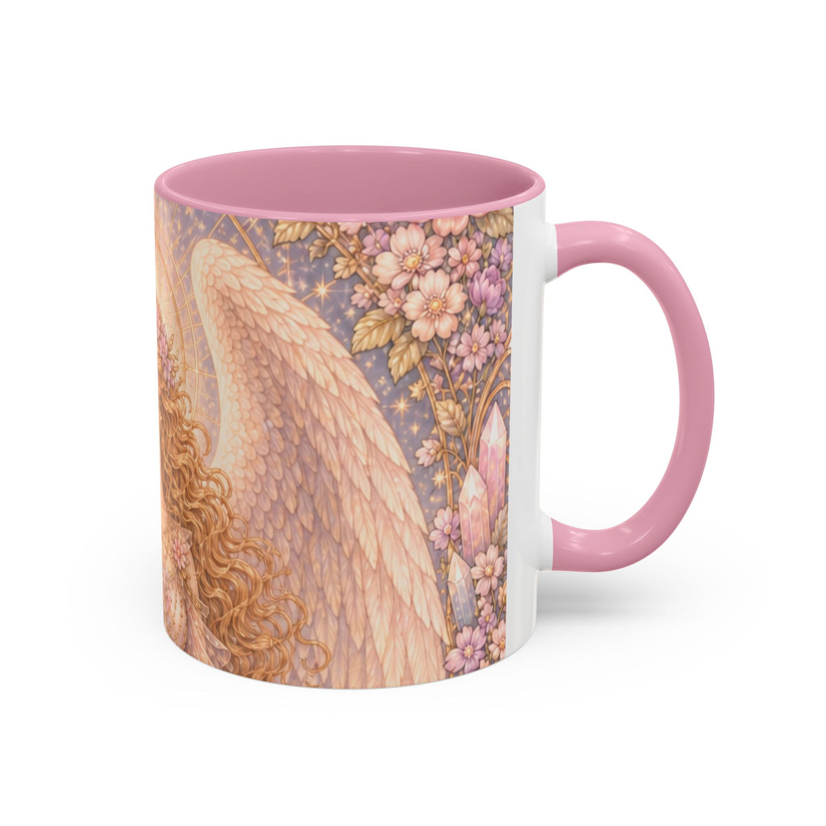 Archangel Glory (Shekinah) Art Ceramic Mug — Feminine Presence of Metatron – Pink Interior & Handle, Floral Archangel Illustration (11oz & 15oz)