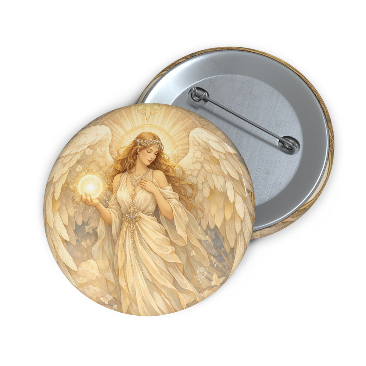 Birthday Angel Sitael Illustration Pin Button — Vintage Guardian Angel Badge