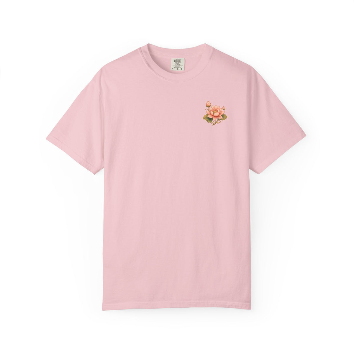 Bodhisattva Kwan Yin's Lotus Floral T-Shirt — Vintage Peach Botanical Lotus Chest + Back Graphic