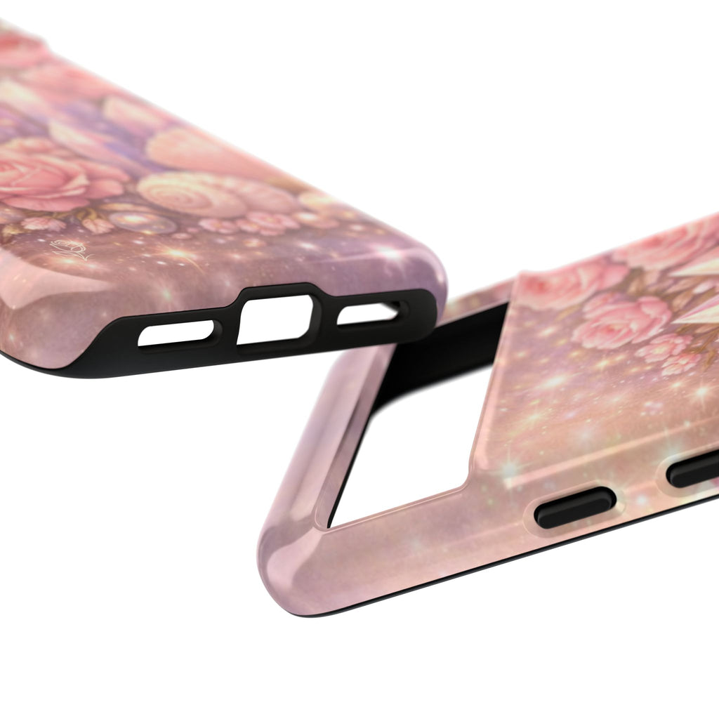 Google Pixel Phone Case — Lemurian Rose Crystal Garden Protective Tough Case — Pink Roses, Shells & Sparkling Gems Phone Case
