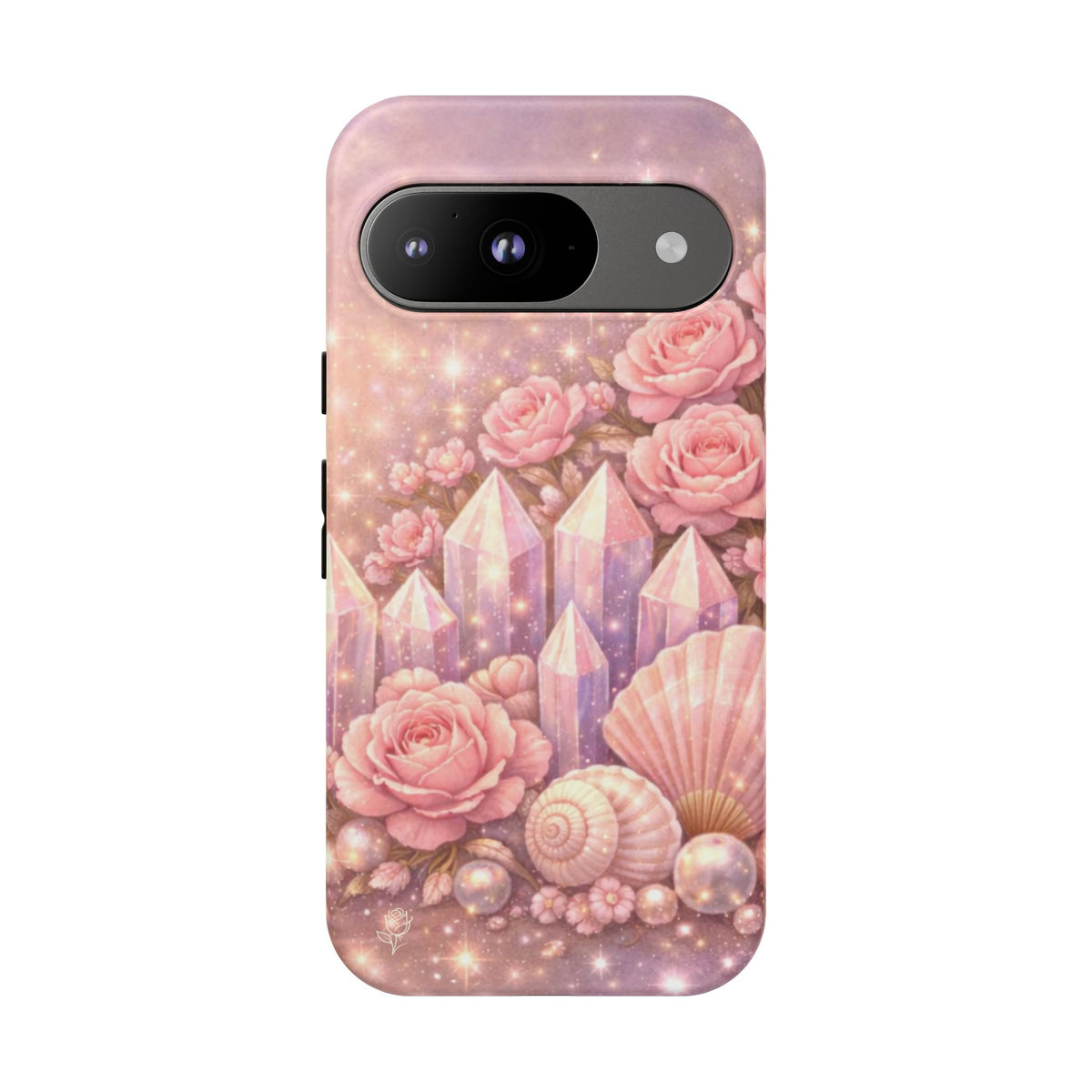Google Pixel Phone Case — Lemurian Rose Crystal Garden Protective Tough Case — Pink Roses, Shells & Sparkling Gems Phone Case