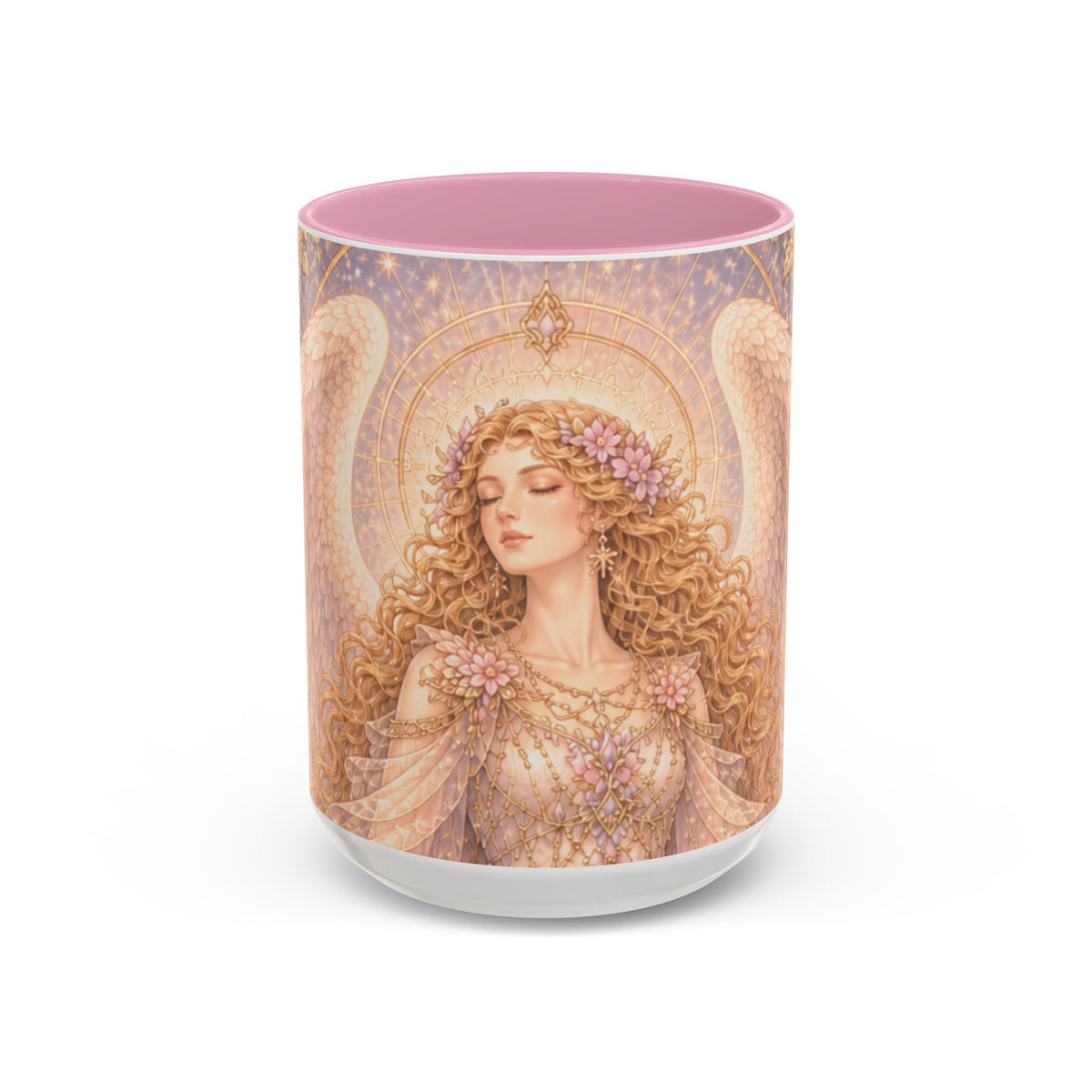 Archangel Glory (Shekinah) Art Ceramic Mug — Feminine Presence of Metatron – Pink Interior & Handle, Floral Archangel Illustration (11oz & 15oz)