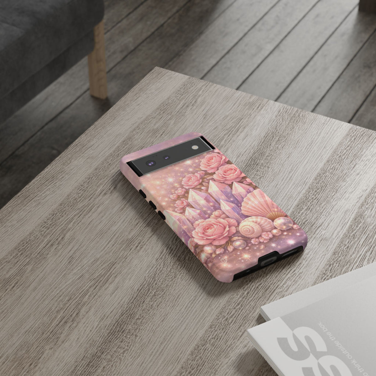 Google Pixel Phone Case — Lemurian Rose Crystal Garden Protective Tough Case — Pink Roses, Shells & Sparkling Gems Phone Case