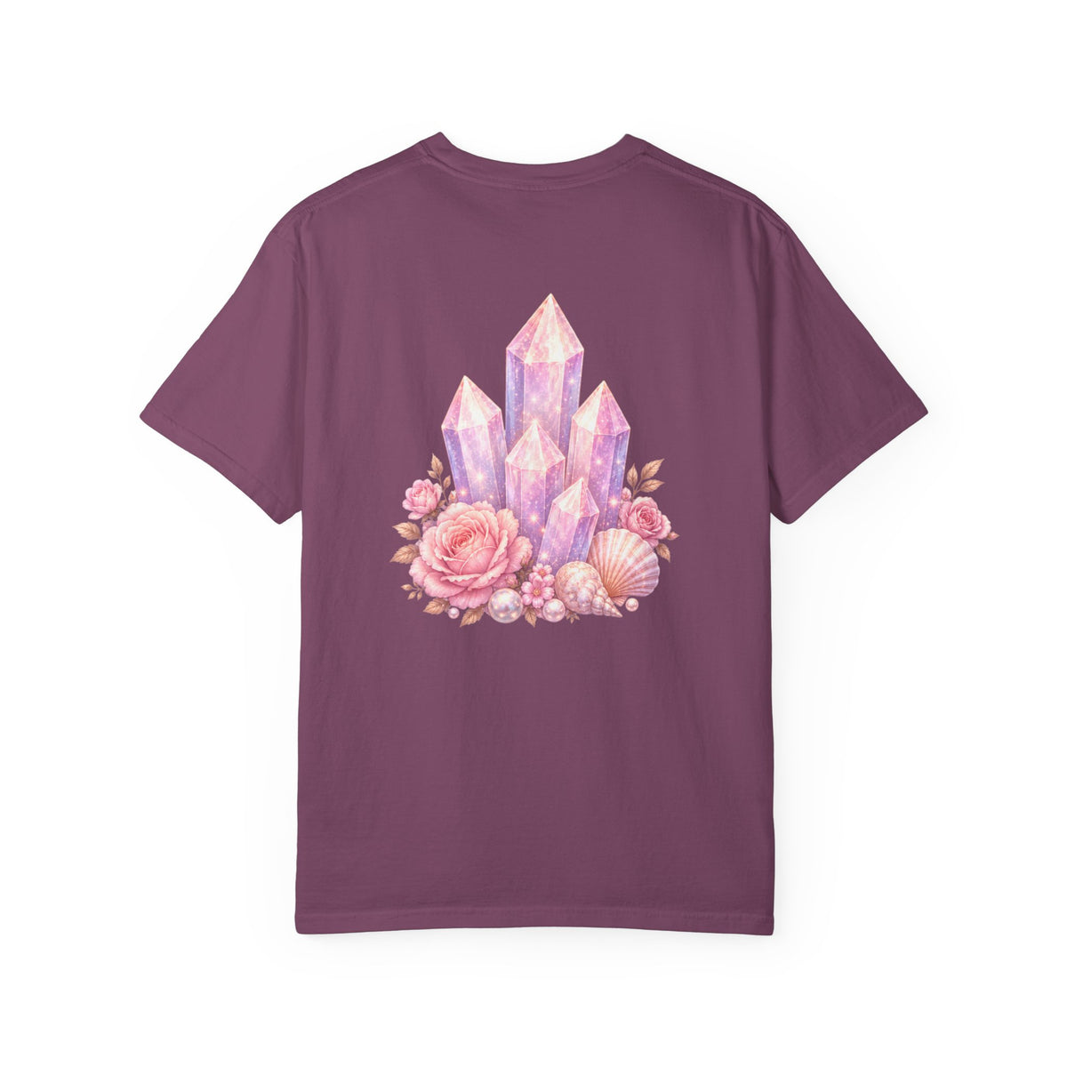 Lemurian Pearl Crystal Cluster T‑Shirt — Pink Lavender Gemstone Floral Graphic Tee