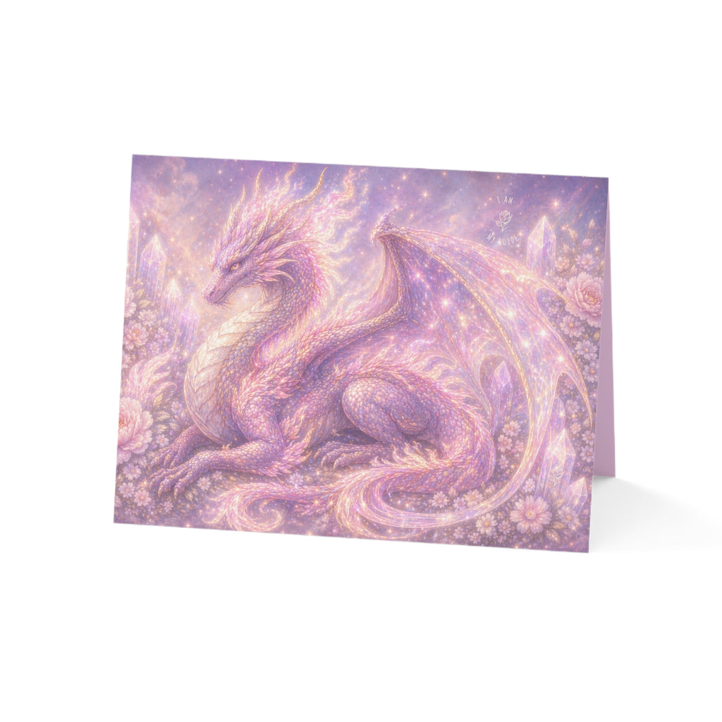 Lilac Fire Dragon Greeting Card — Pastel Floral Dragon Art Folded Note Cards (1/10/30/50-pack)