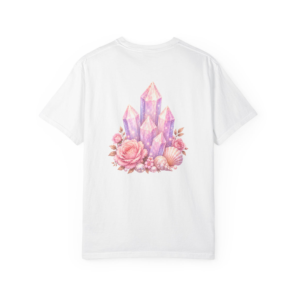 Lemurian Pearl Crystal Cluster T‑Shirt — Pink Lavender Gemstone Floral Graphic Tee