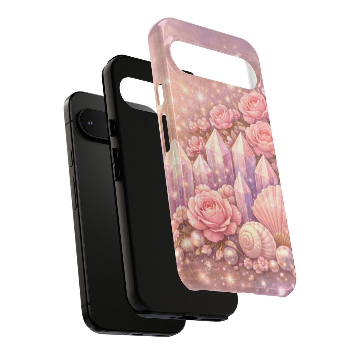 Google Pixel Phone Case — Lemurian Rose Crystal Garden Protective Tough Case — Pink Roses, Shells & Sparkling Gems Phone Case