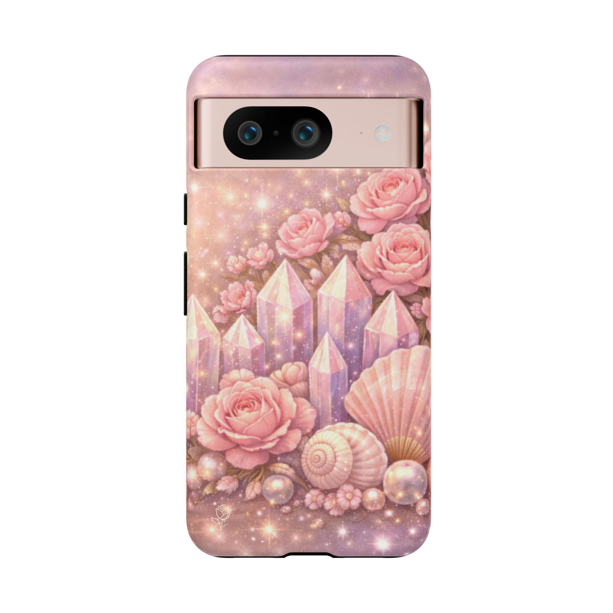 Google Pixel Phone Case — Lemurian Rose Crystal Garden Protective Tough Case — Pink Roses, Shells & Sparkling Gems Phone Case