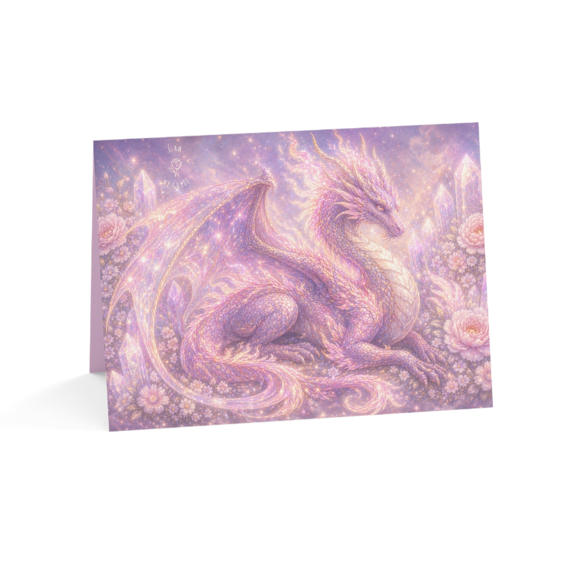 Lilac Fire Dragon Greeting Card — Pastel Floral Dragon Art Folded Note Cards (1/10/30/50-pack)